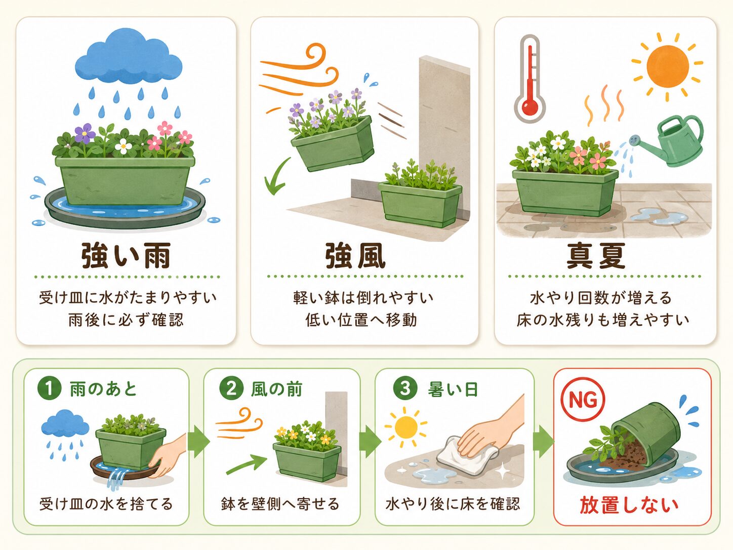 雨の日、風の日、真夏のベランダ菜園対策を説明した図解