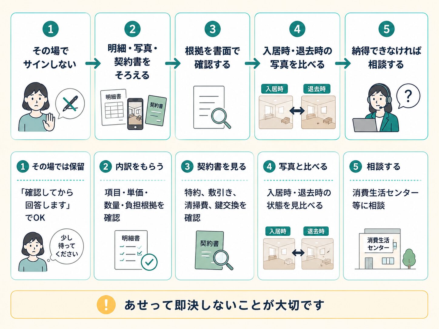 退去費用を高額請求された時に取る5ステップの流れ図