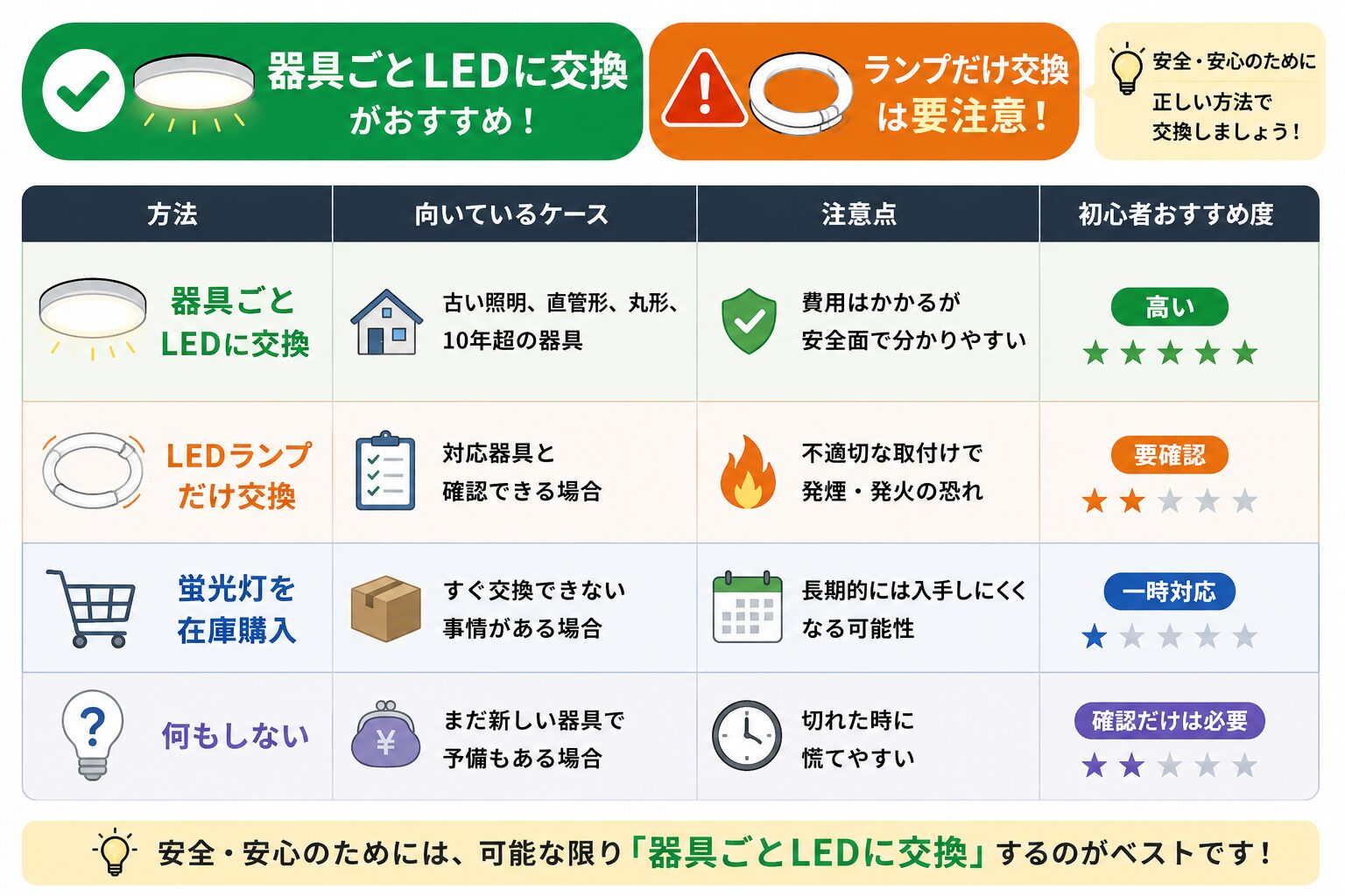 蛍光灯からLEDへ交換する方法として、器具ごと交換、LEDランプだけ交換、在庫購入、何もしない場合の違いを示す比較図解
