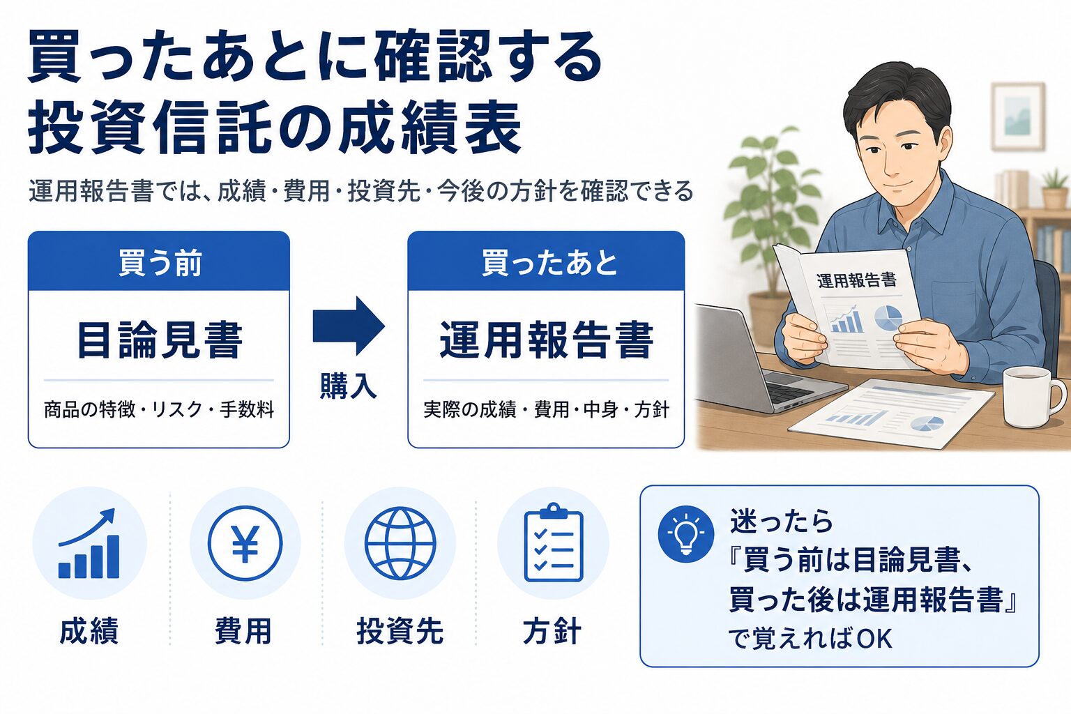 目論見書は買う前に見る資料、運用報告書は買った後に見る成績表であることを説明する画像