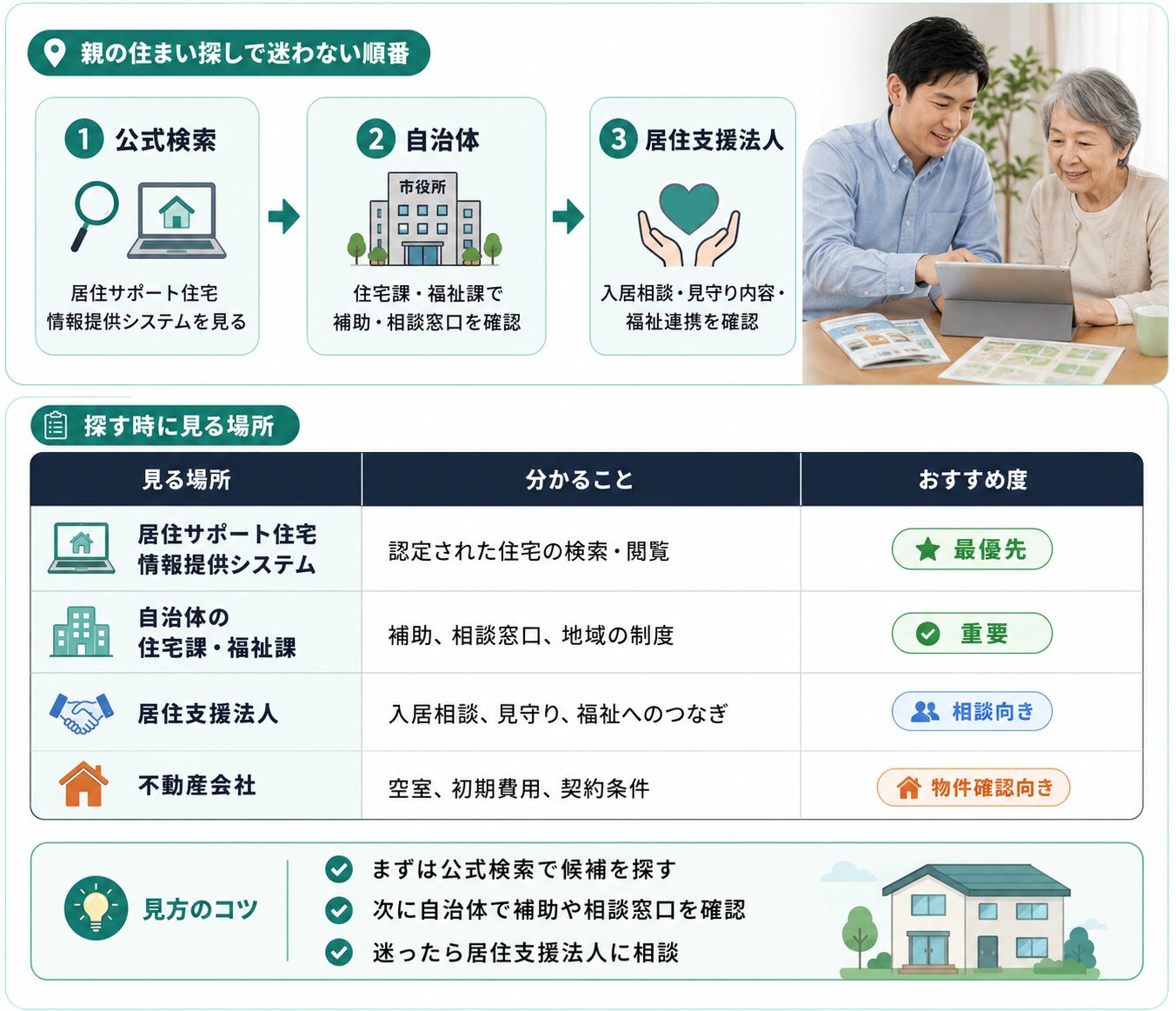 親の住まい探しで迷わないための公式検索、自治体、居住支援法人の順番を説明した図解