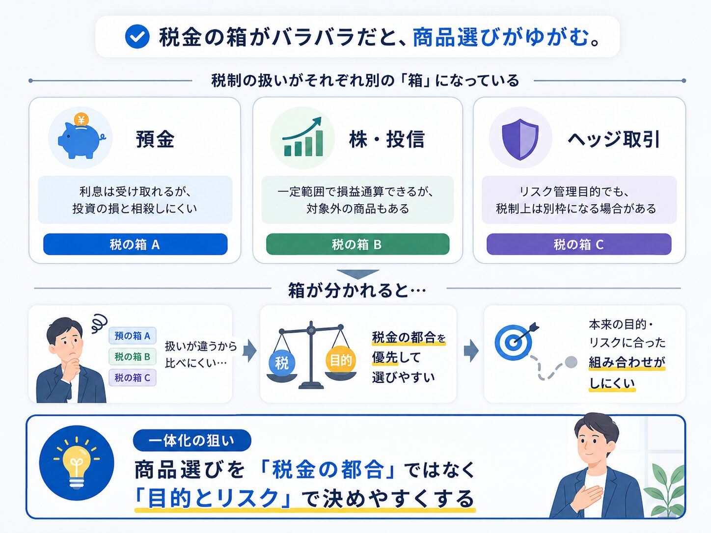 税金の箱が分かれていることで商品選びや損益通算に影響が出ること、一体化の狙いは税金ではなく目的とリスクで商品を選びやすくすることを示す説明画像