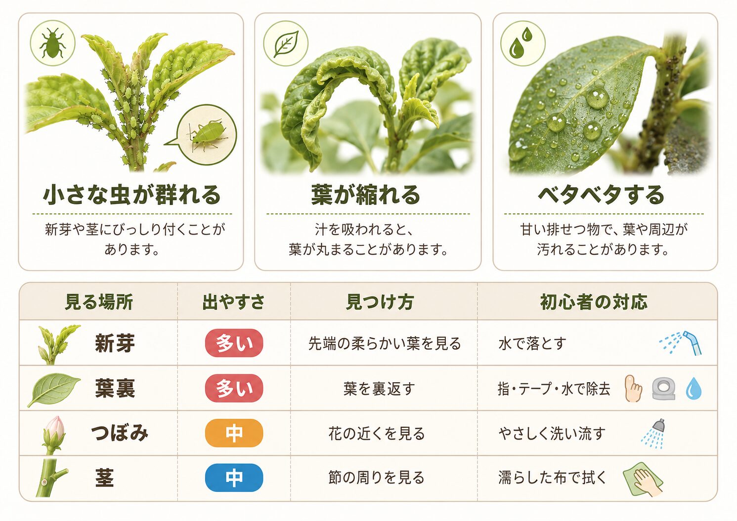 アブラムシの見分け方と探す場所を示した図解