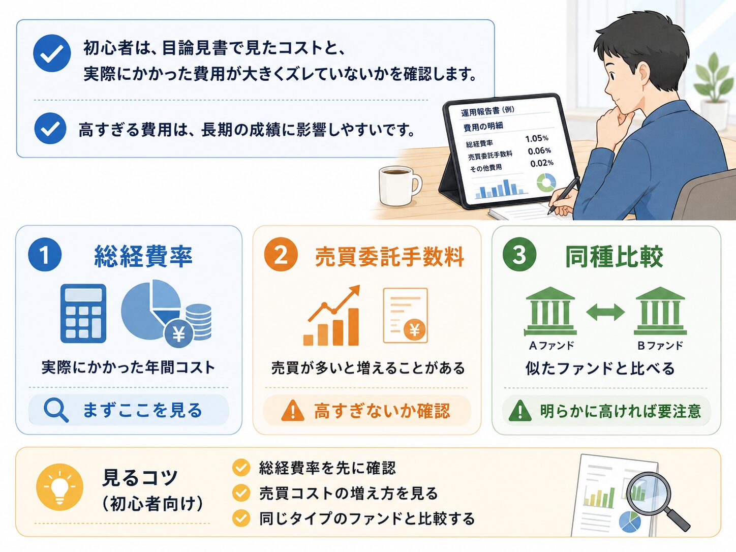 投資信託の費用を見るポイント。総経費率、売買委託手数料、同種比較を確認する説明画像