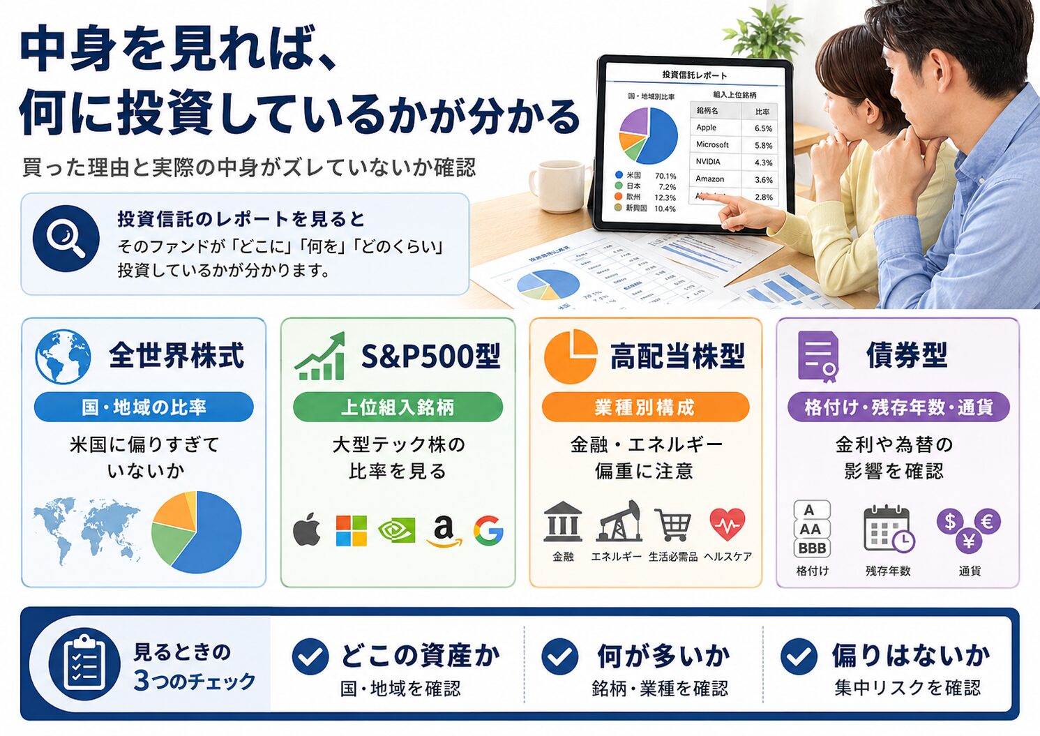 投資信託の中身を見る方法。全世界株式、S&P500型、高配当株型、債券型で確認するポイントを説明する画像