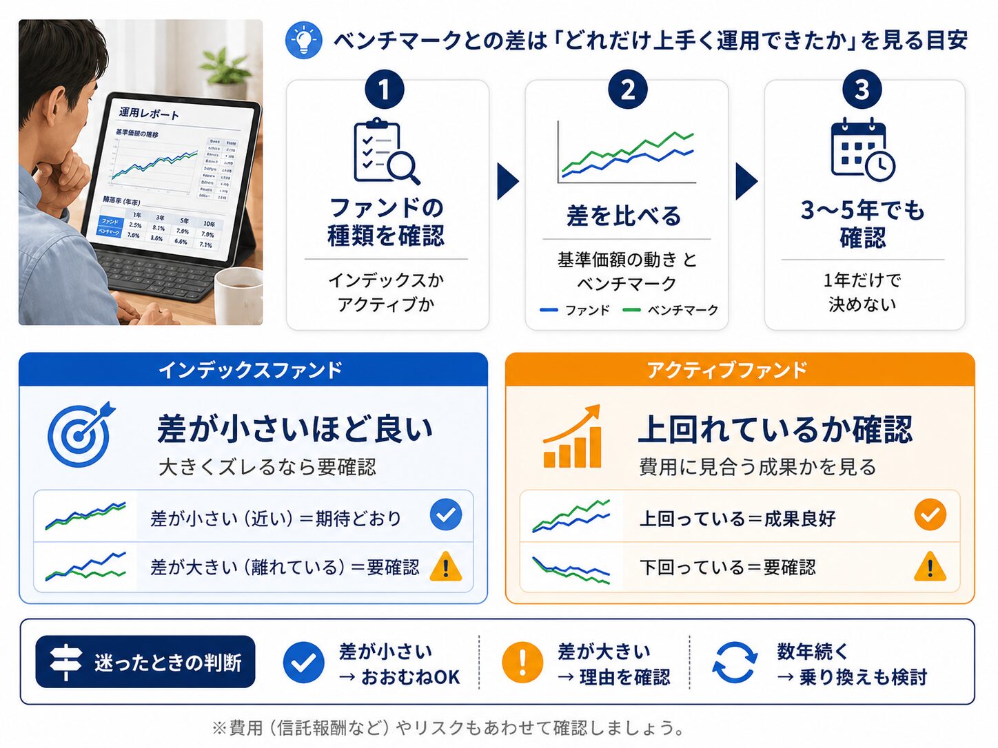 ベンチマークとの差を見て、インデックスファンドは近い動きか、アクティブファンドは上回っているかを確認する説明画像