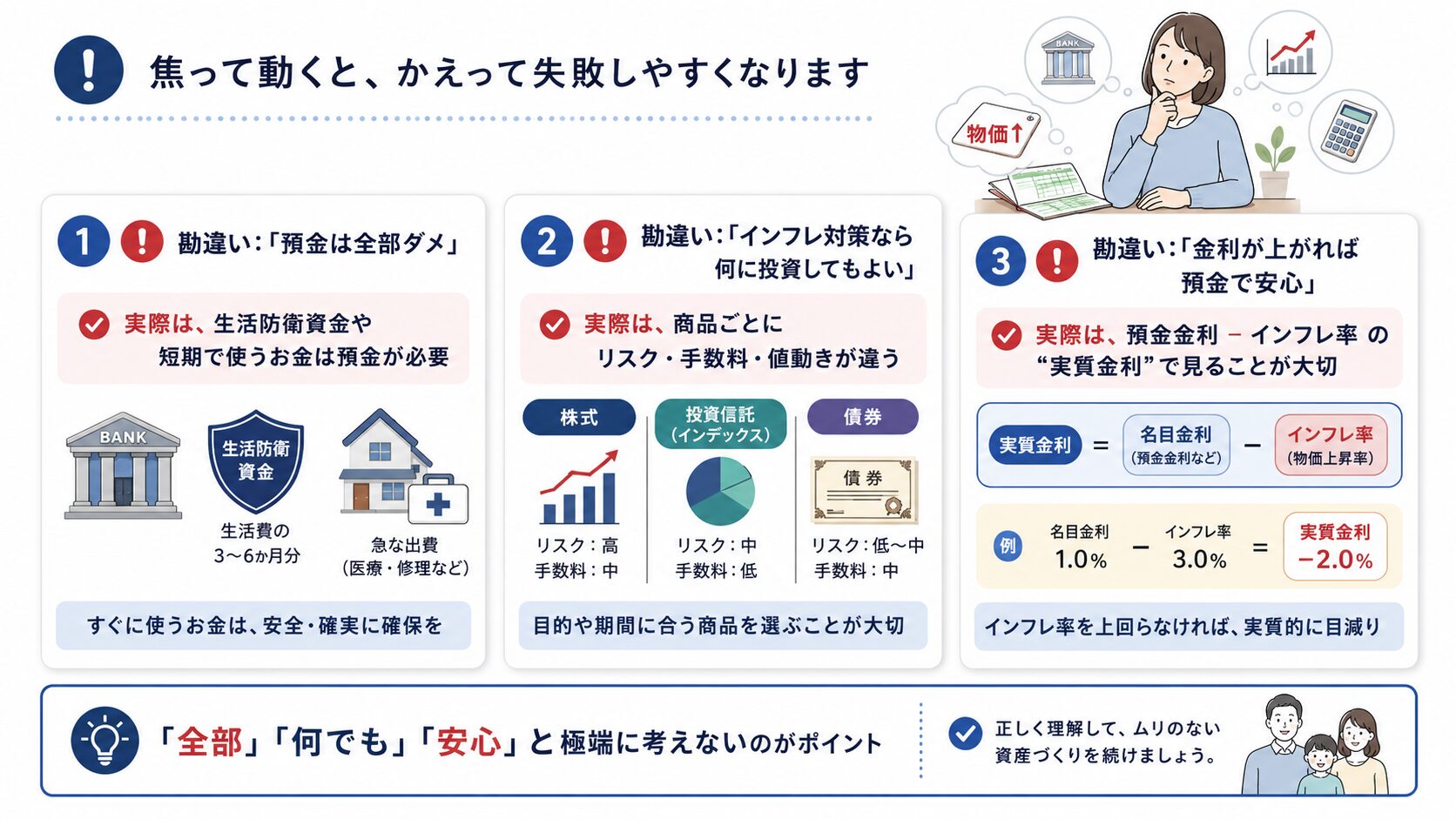 金融抑圧対策で焦ってやりがちな3つの勘違いと正しい考え方を整理した図解