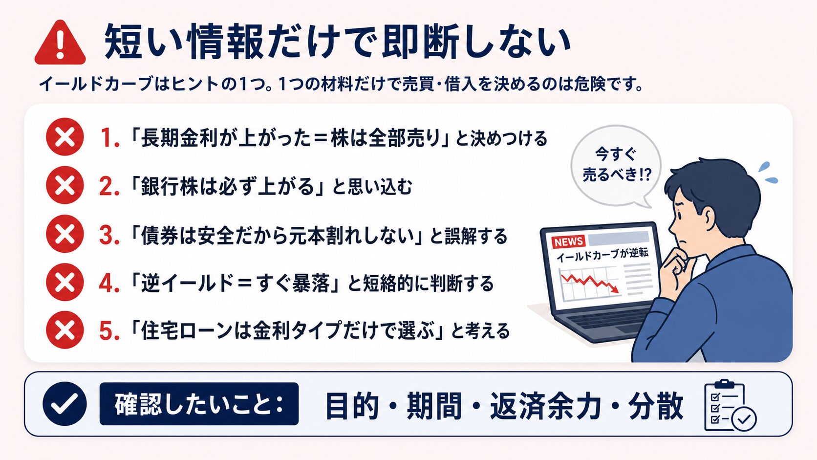 イールドカーブや金利ニュースだけで即断してはいけないNG判断を整理した注意喚起の図解