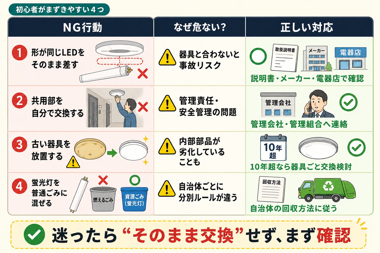 蛍光灯からLEDへ交換する際に初心者が避けるべきNG行動と正しい対応を示す安全チェック図解