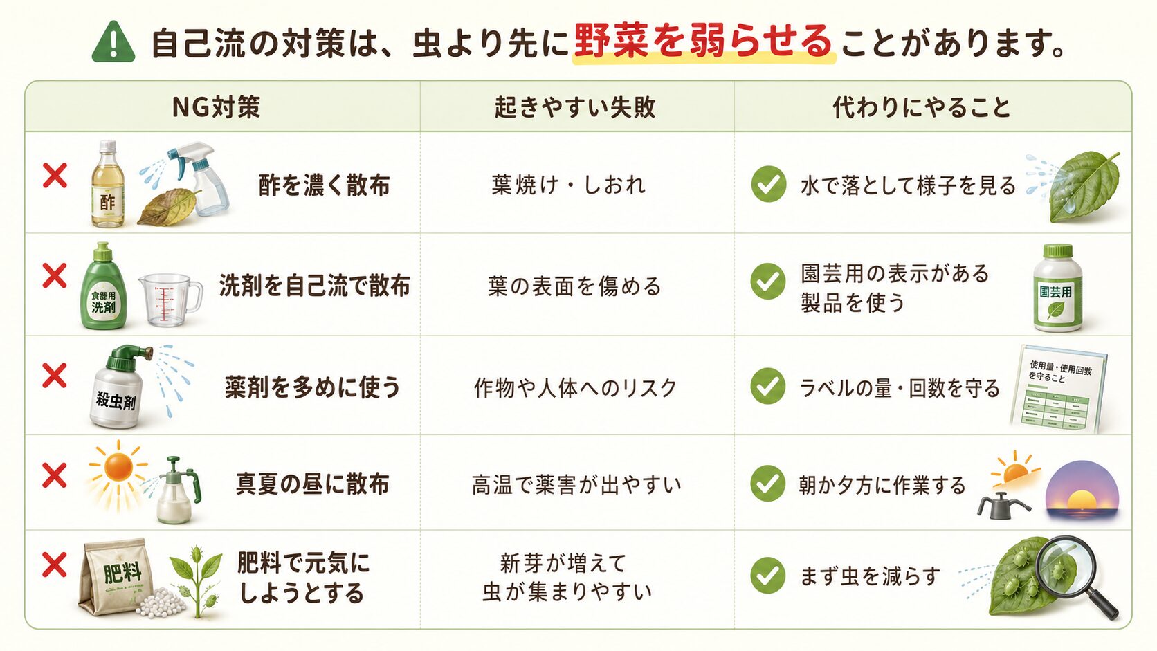 アブラムシ対策でやってはいけないことと代替策を示した図解