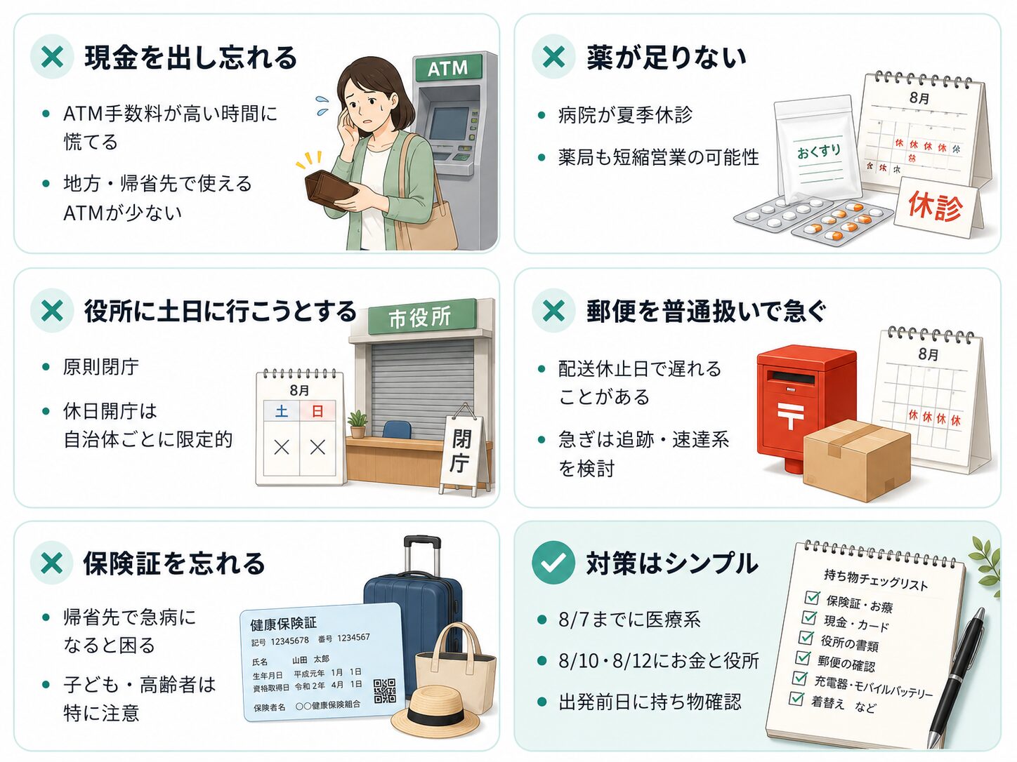 お盆前にやりがちな5つの失敗と対策を、現金・薬・役所・郵便・保険証で整理した画像