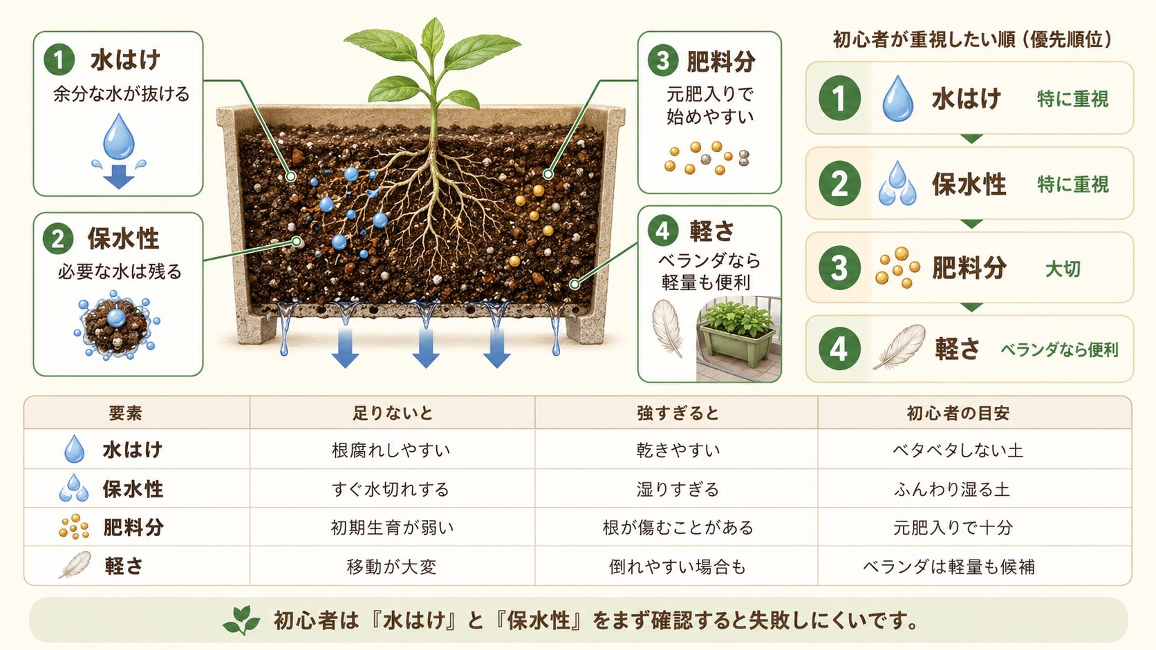 よい培養土の水はけ・保水性・肥料分・軽さのバランス図解