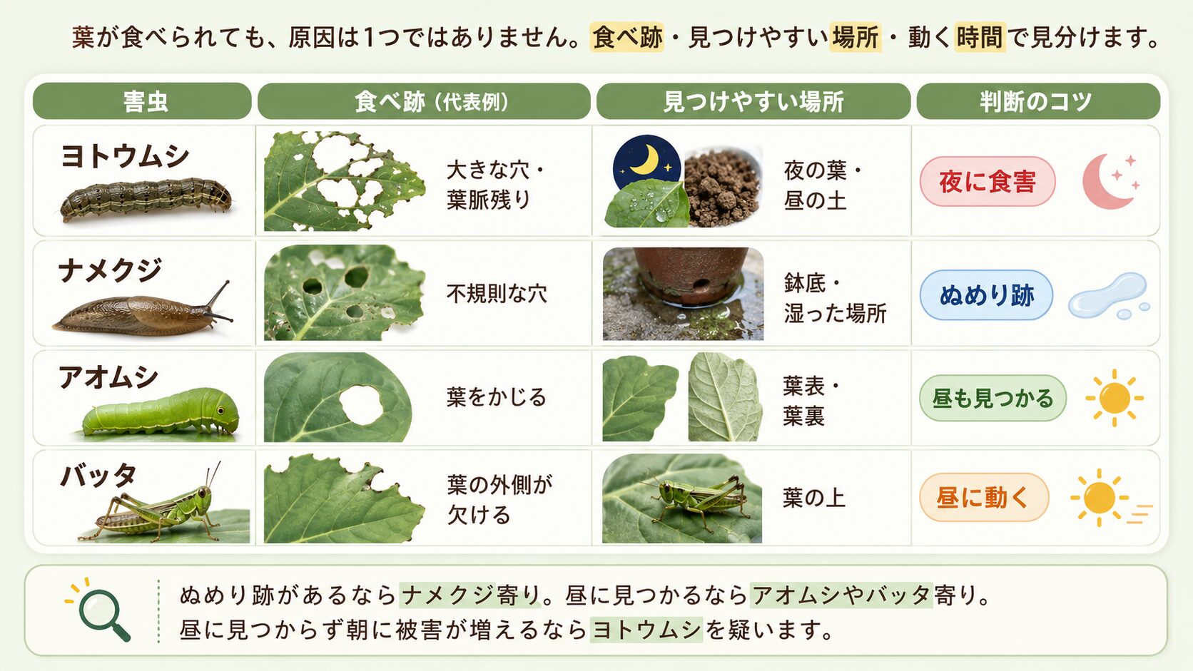 ヨトウムシ・ナメクジ・アオムシ・バッタの違い