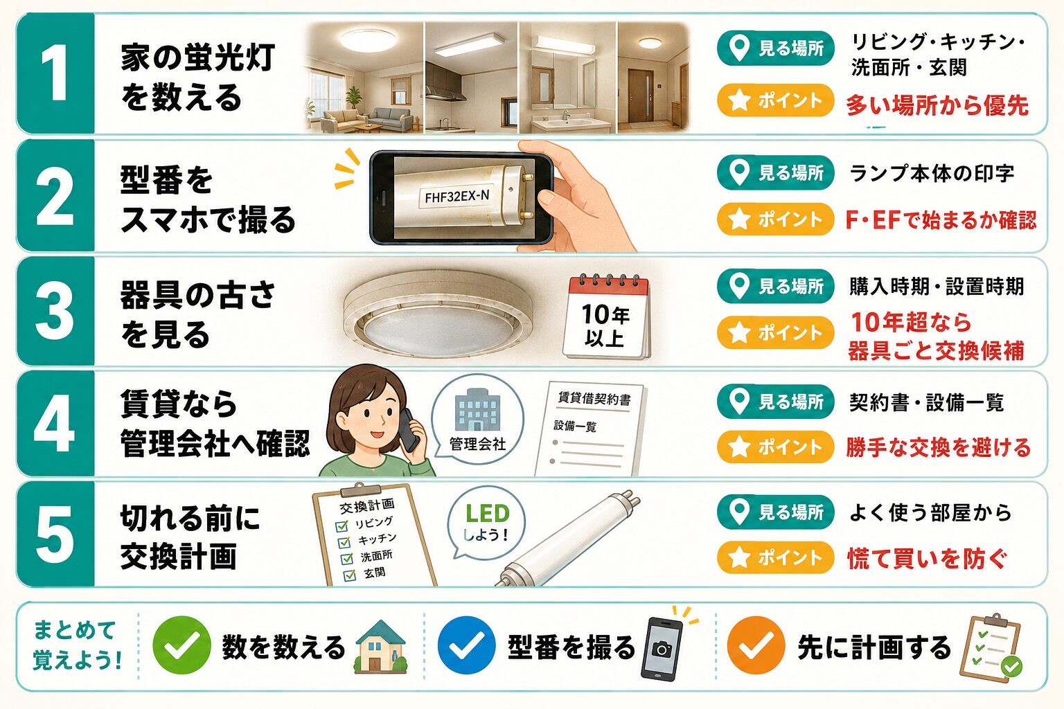 家庭で5分でできる蛍光灯チェックとして、数を確認、型番を撮影、器具の古さを見る、管理会社へ確認、交換計画を立てる流れを示す図解