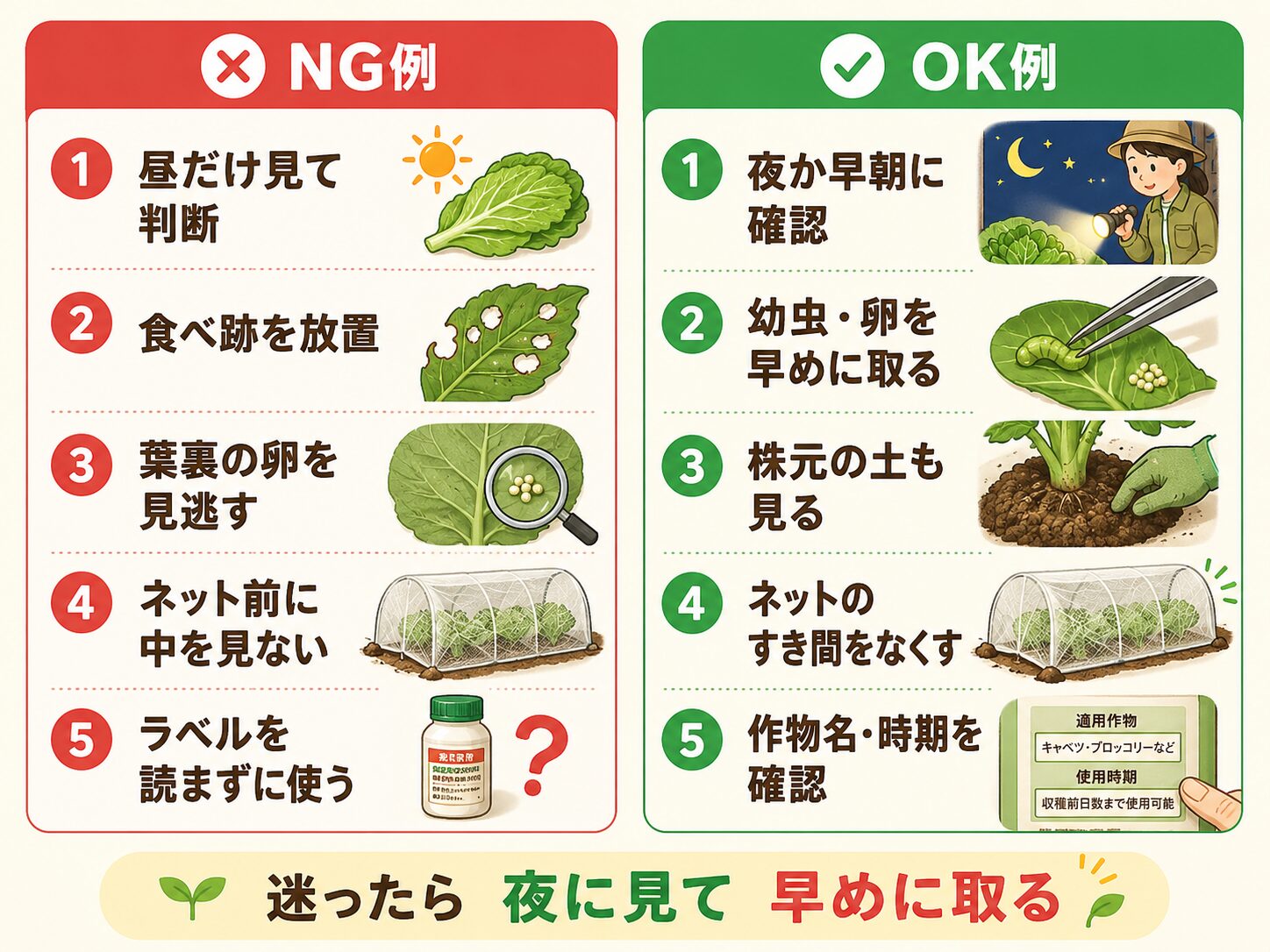ヨトウムシ対策で初心者がやりがちな失敗とOK例