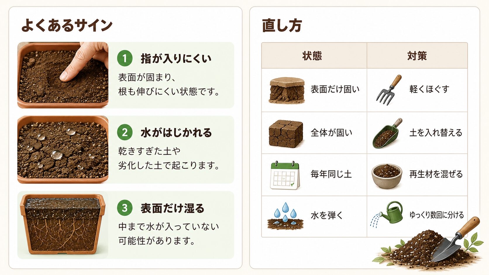 土が硬い時のサインと直し方を示した初心者向け図解