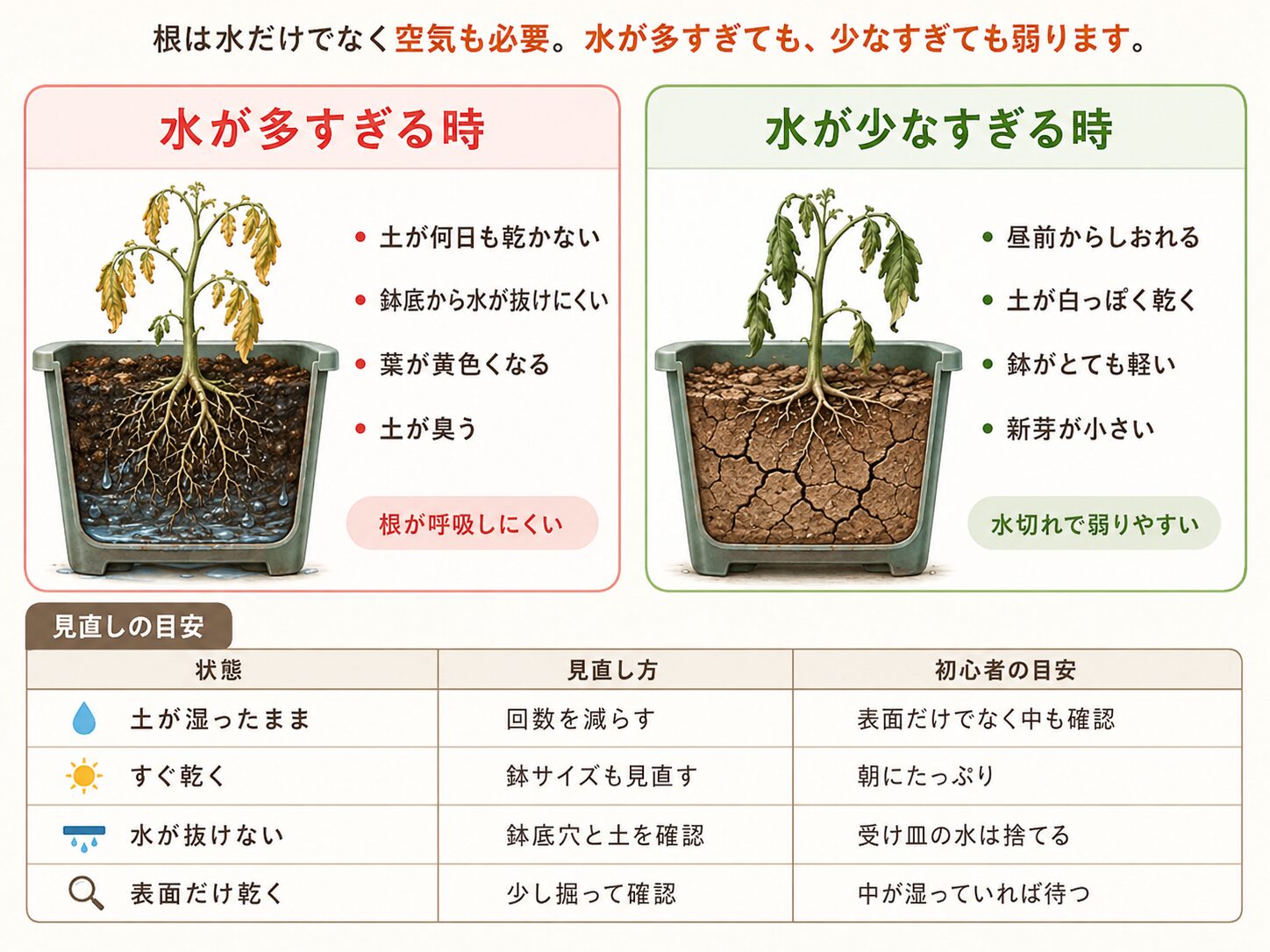 水が多すぎる時と少なすぎる時のサインと見直し方を示した図解