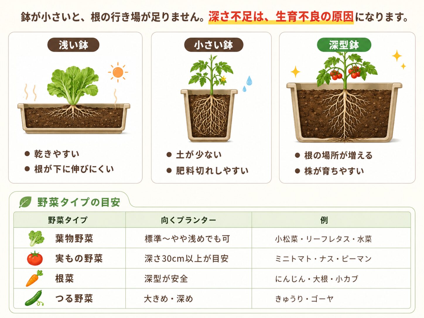 浅い鉢・小さい鉢・深型鉢の違いと野菜タイプ別のプランター選びを示した図解