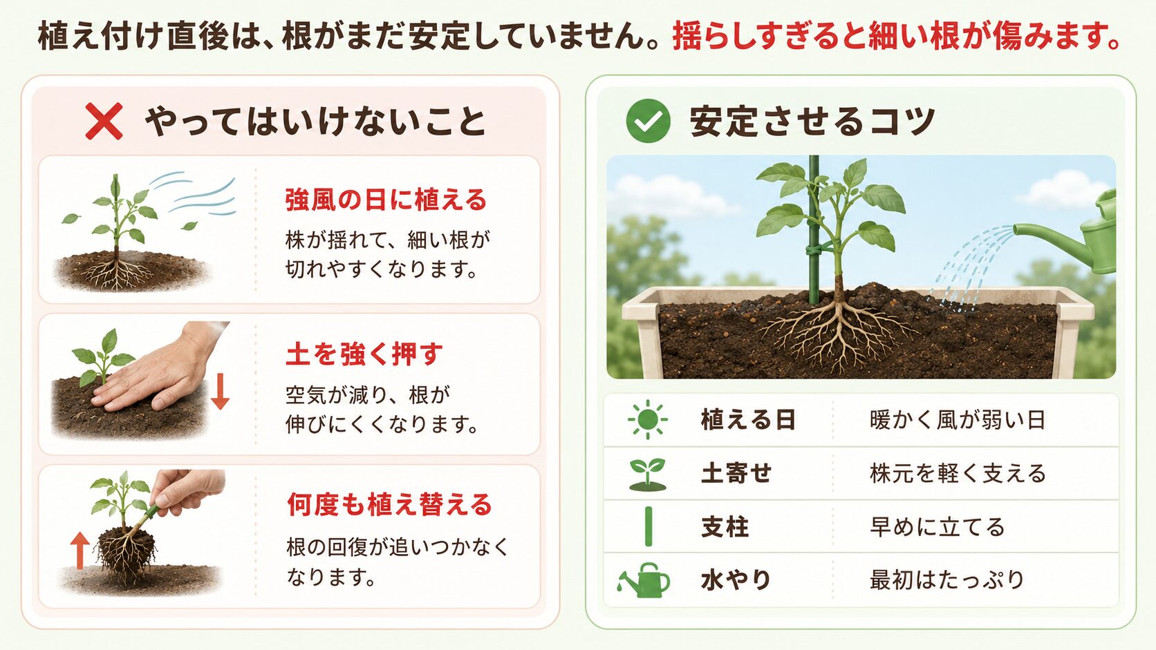 植え付け直後にやってはいけないことと根を安定させるコツを示した図解