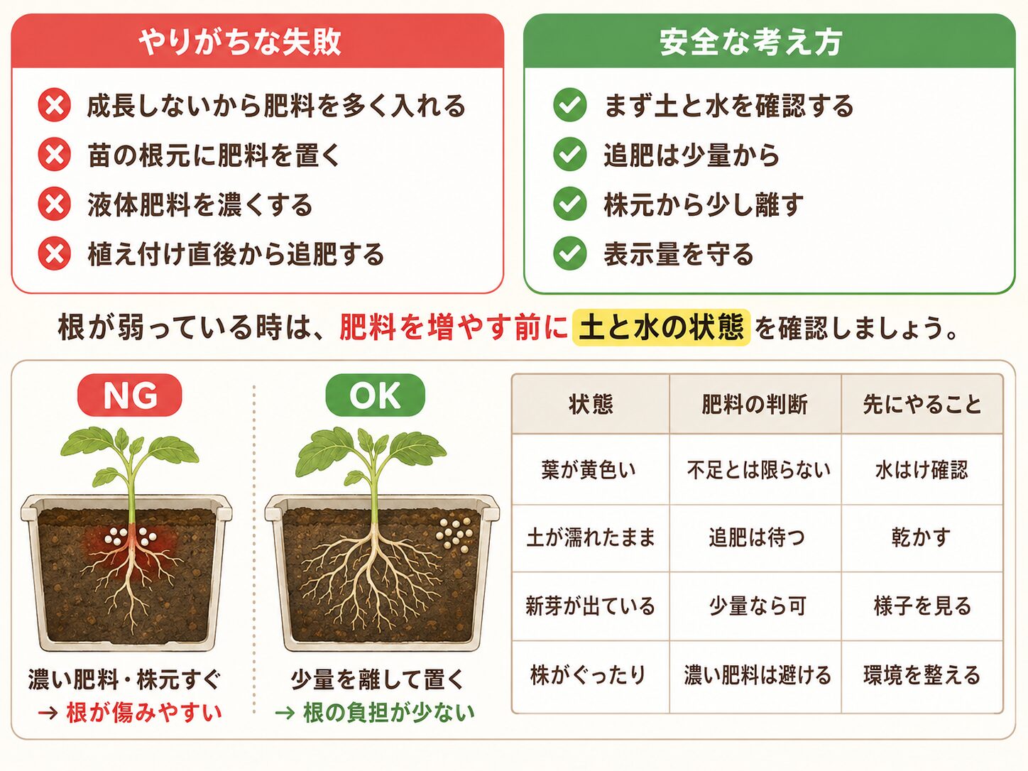 肥料を多く入れすぎる失敗と安全な肥料の使い方を比較した図解