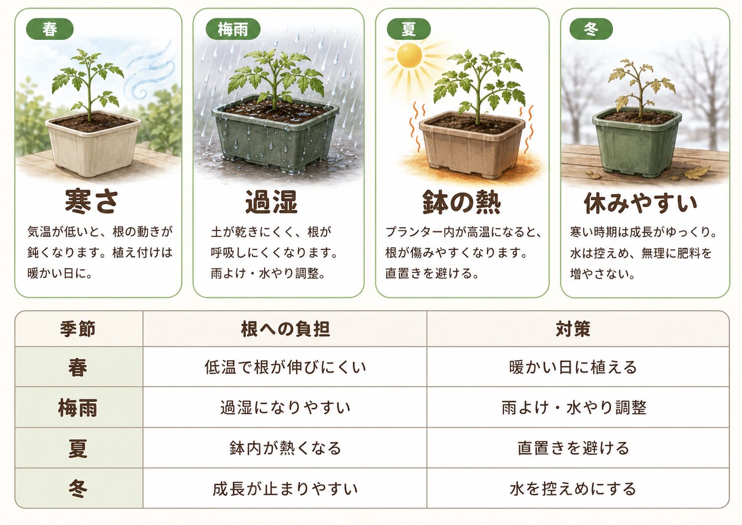 春・梅雨・夏・冬の根への負担と対策を示した図解