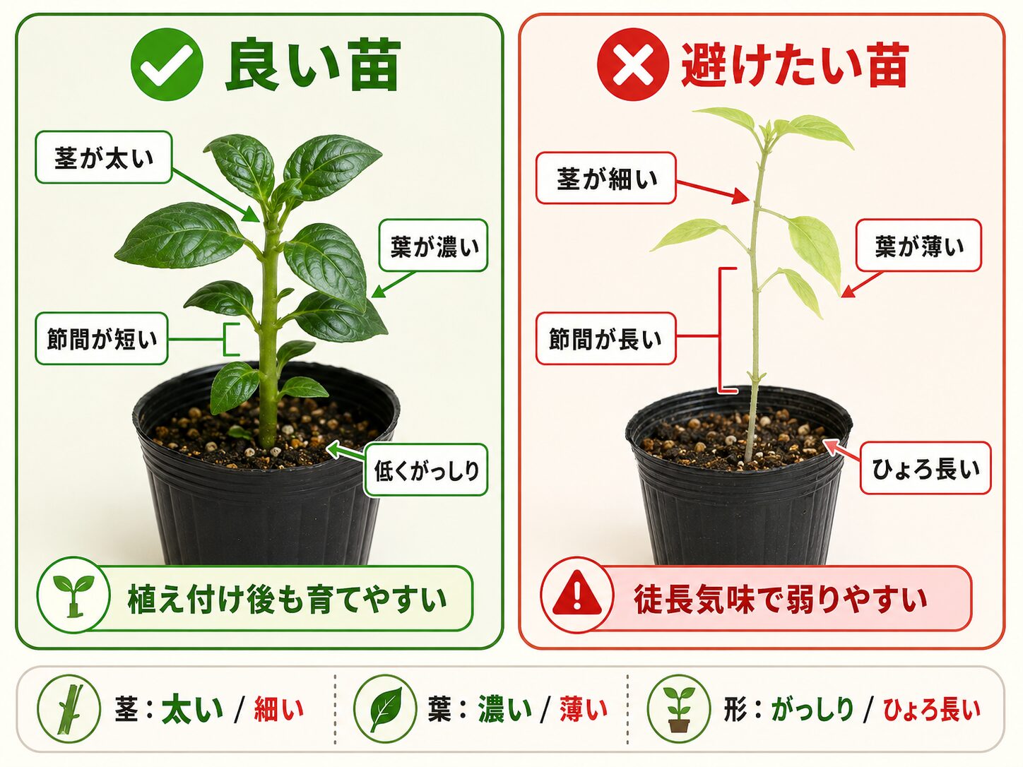 良い苗と避けたい苗の違いを比較した図解