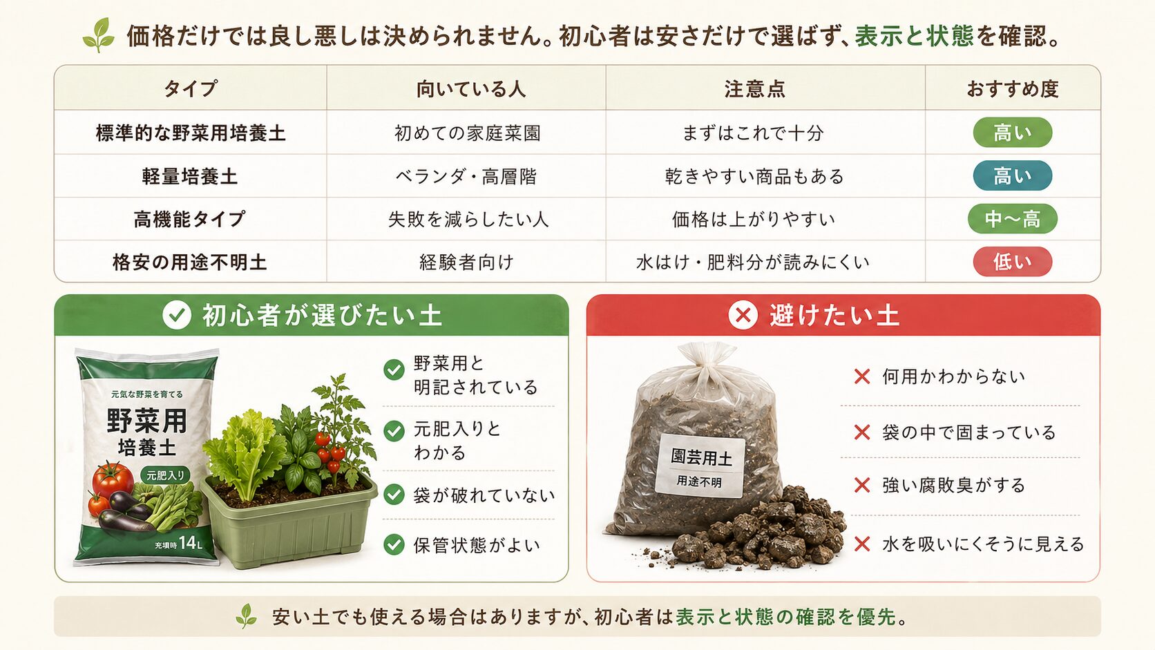 安い土と高い土の違いと初心者が選びたい土・避けたい土の図解