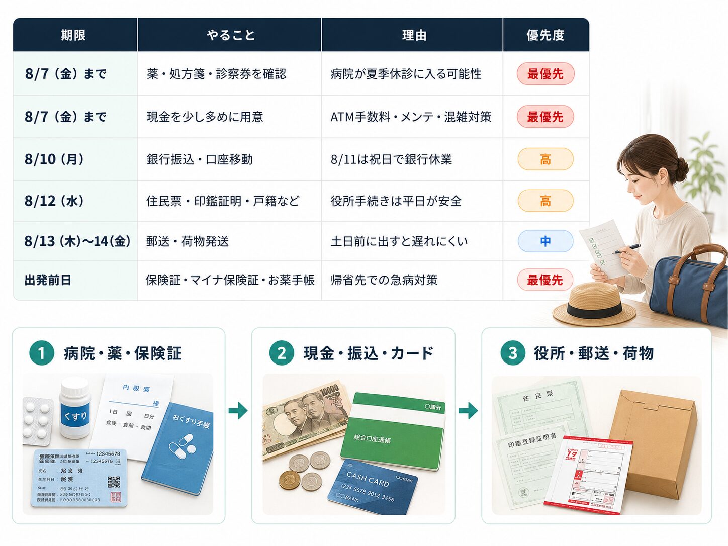 帰省前にやるべき医療・現金・振込・役所・郵送の準備を表と手順で整理したチェックリスト画像