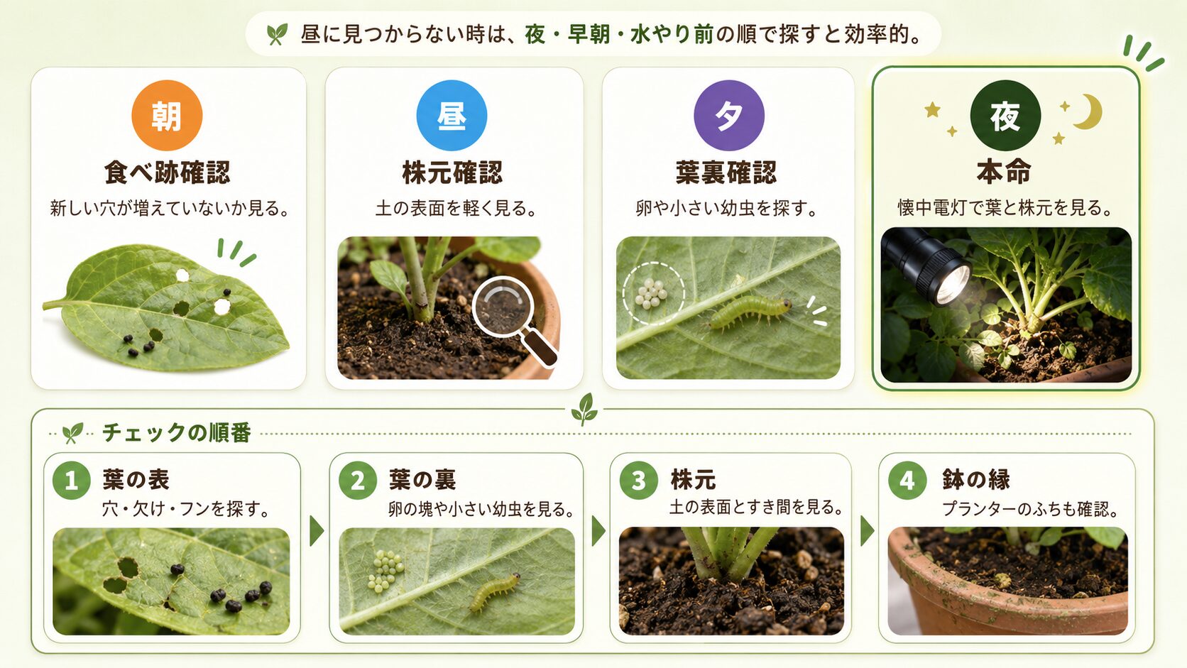ヨトウムシを探す時間とチェック順