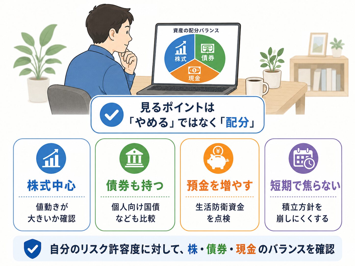 新NISAでは積立を止めるより株式、債券、現金の配分バランスを確認することが大切だと説明する図解