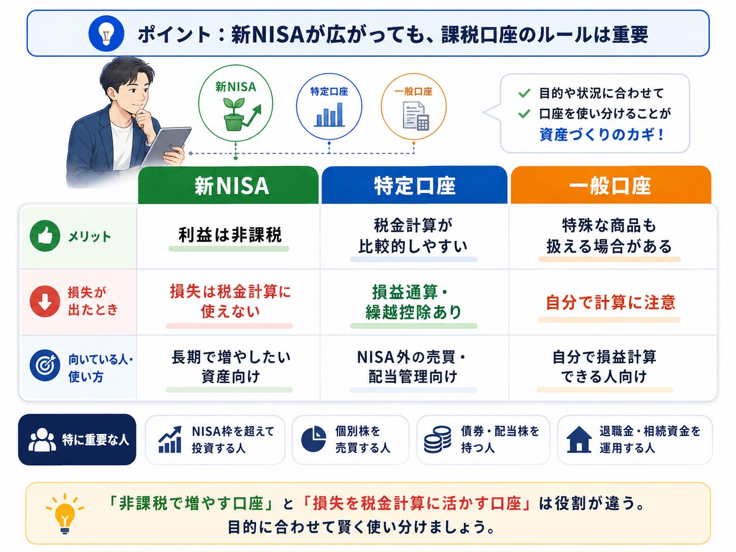 新NISA、特定口座、一般口座のメリット、損失が出たときの扱い、向いている使い方を比較した説明画像