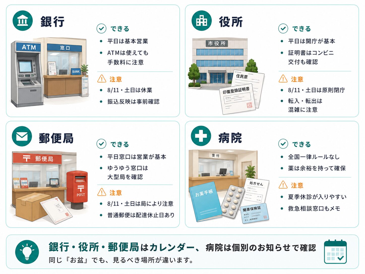 銀行・役所・郵便局・病院について、お盆中にできることと注意点を整理した画像