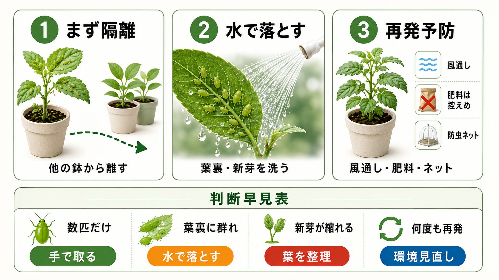 アブラムシ大量発生時の正解を3ステップで示した図解