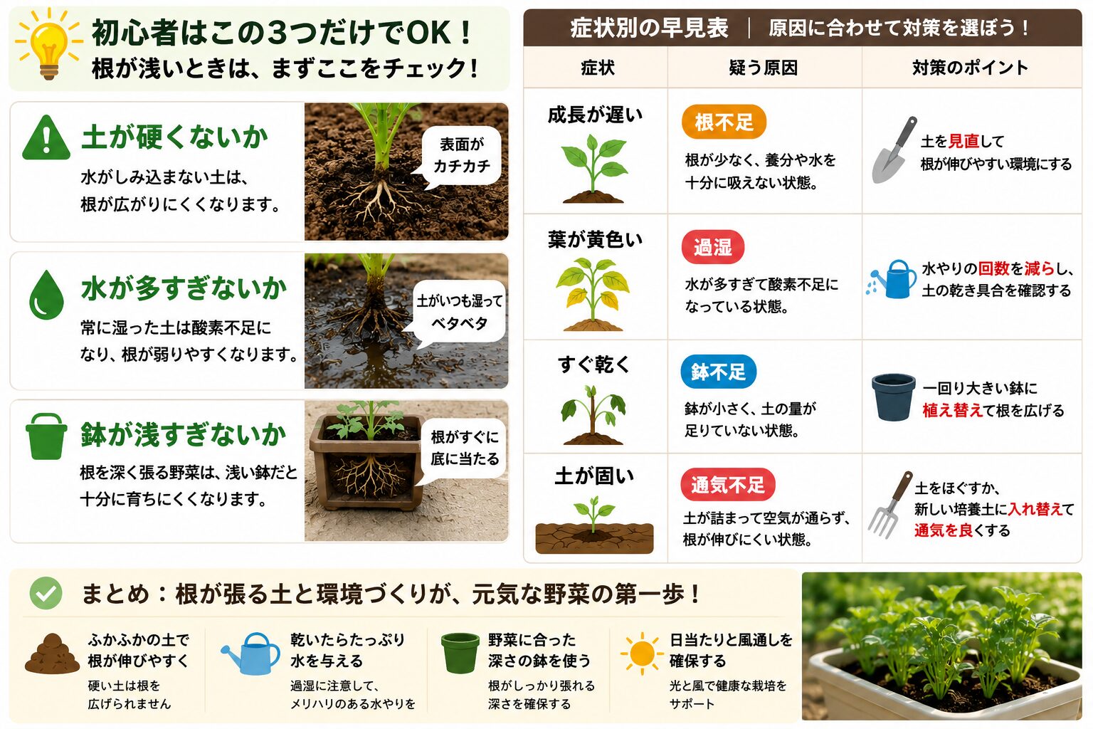 根が浅い時に確認する土・水・鉢のポイントを示した初心者向け図解