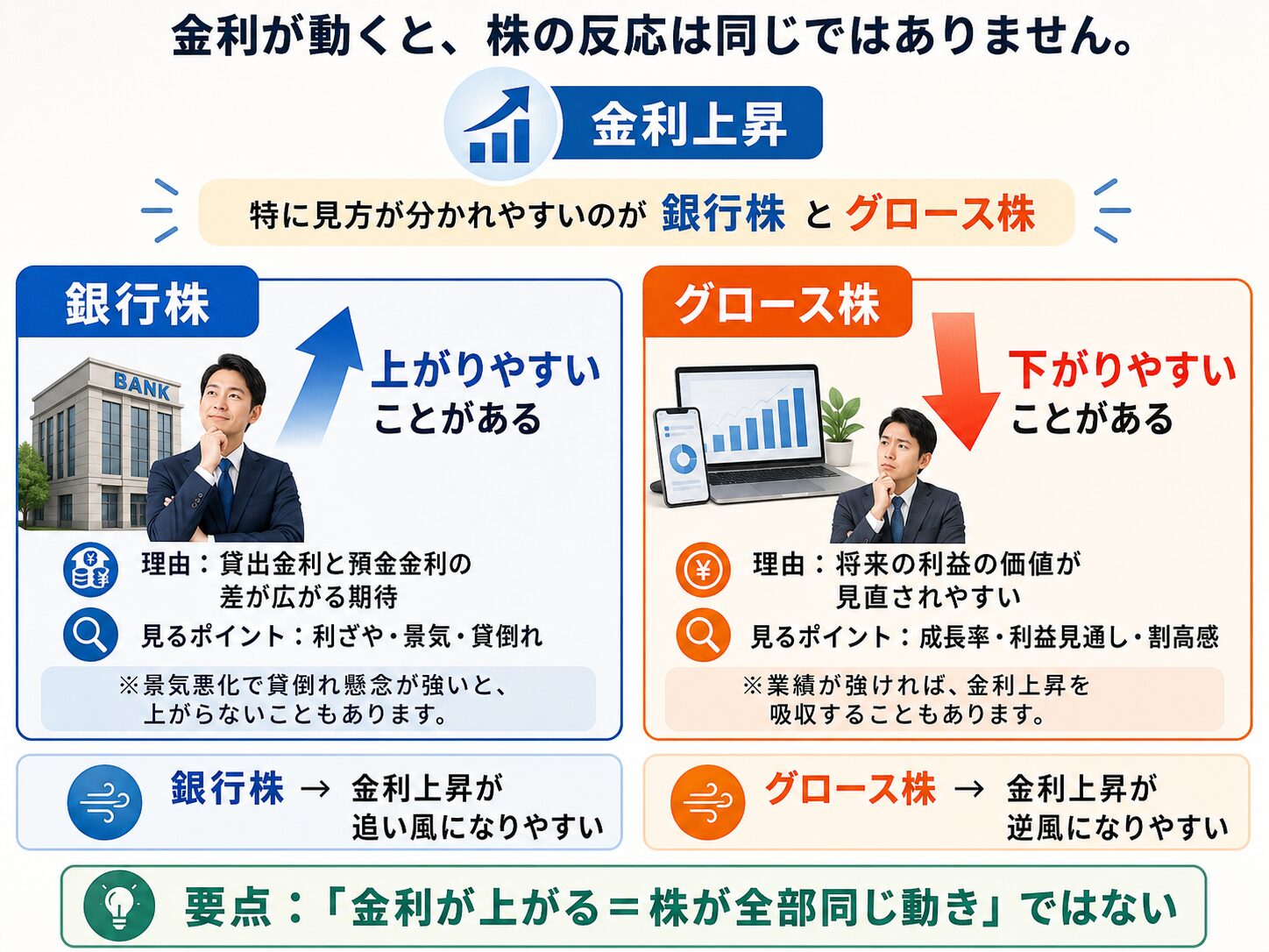 金利上昇時に銀行株とグロース株で反応が異なることを比較した図解