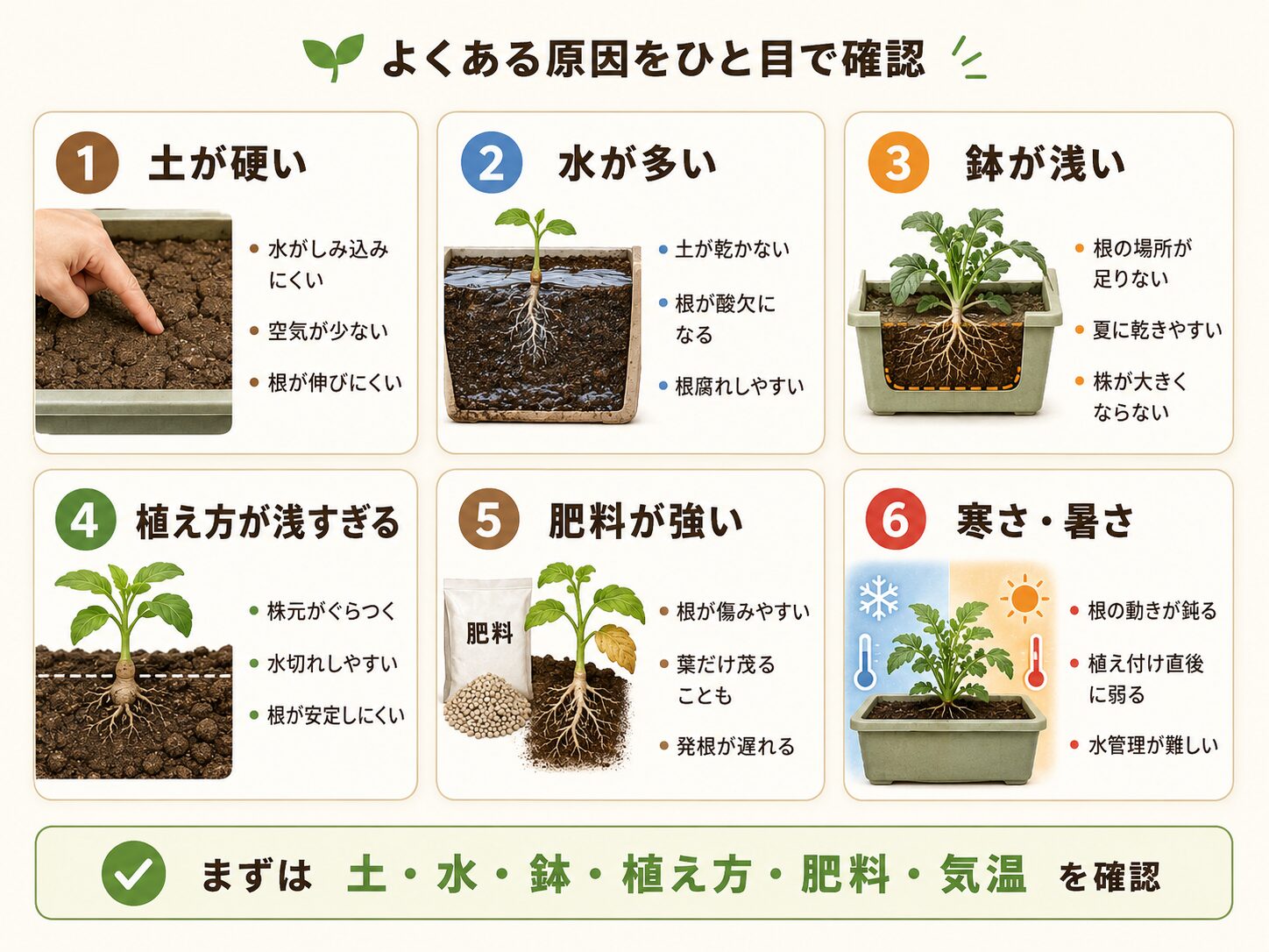 根が張らない主な原因6つを一覧で示した図解