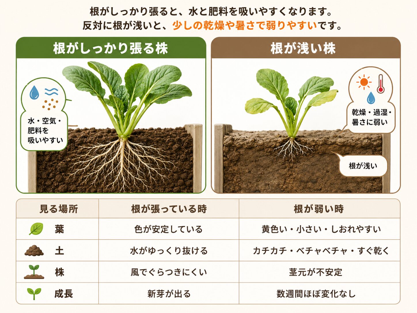 根がしっかり張る株と根が浅い株の違いを比較した図解