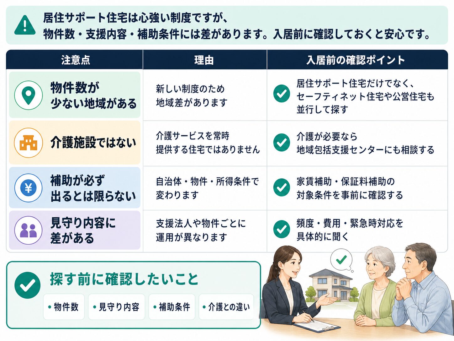 居住サポート住宅の注意点として物件数、介護施設との違い、補助条件、見守り内容の差を説明した図解