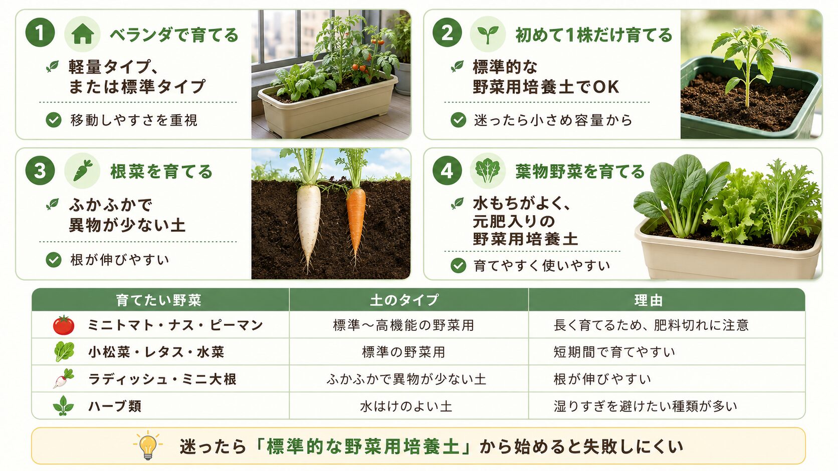 ベランダ・1株・根菜・葉物野菜別の培養土の選び方図解