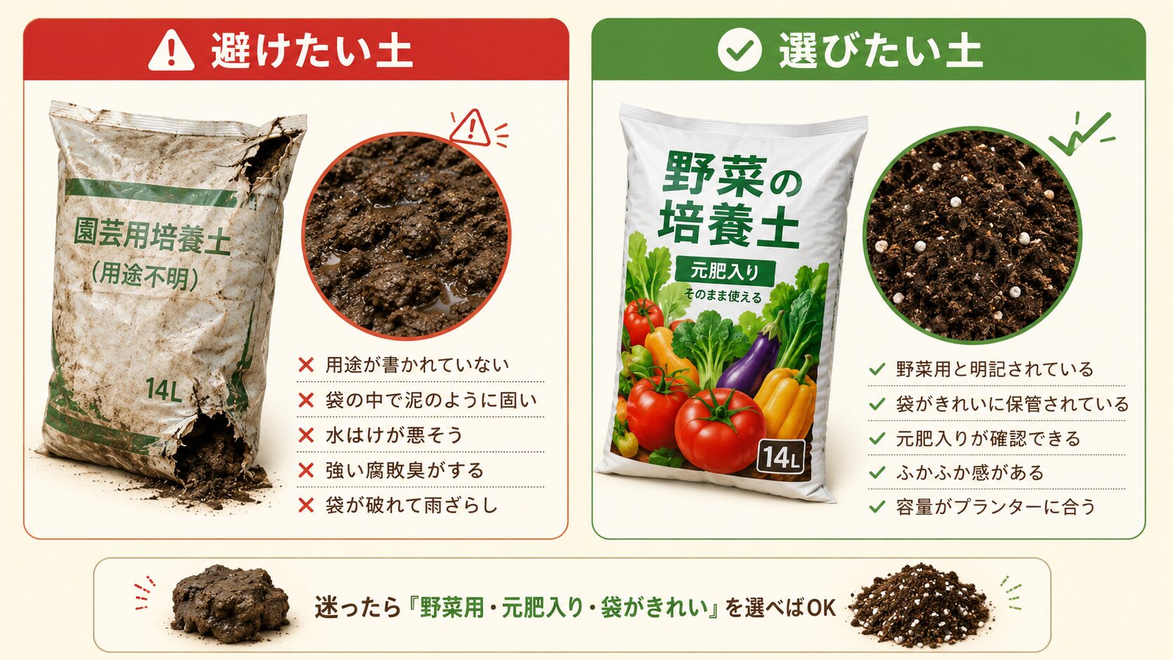 初心者が避けたい土と選びたい土を比較した図解