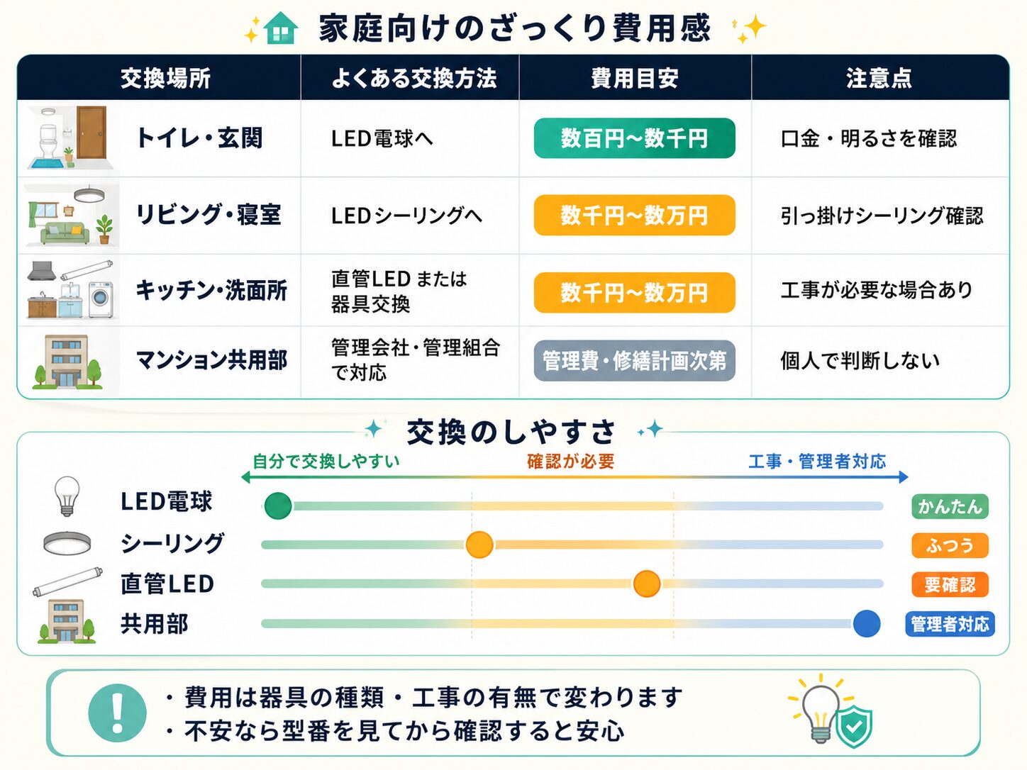 トイレ、玄関、リビング、寝室、キッチン、洗面所、マンション共用部などのLED交換費用感を示す図解
