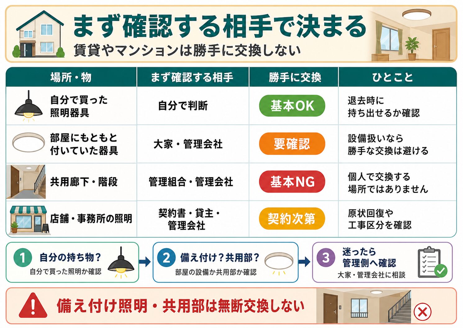 賃貸住宅やマンションで照明を交換する前に、大家、管理会社、管理組合へ確認すべきケースを整理した図解