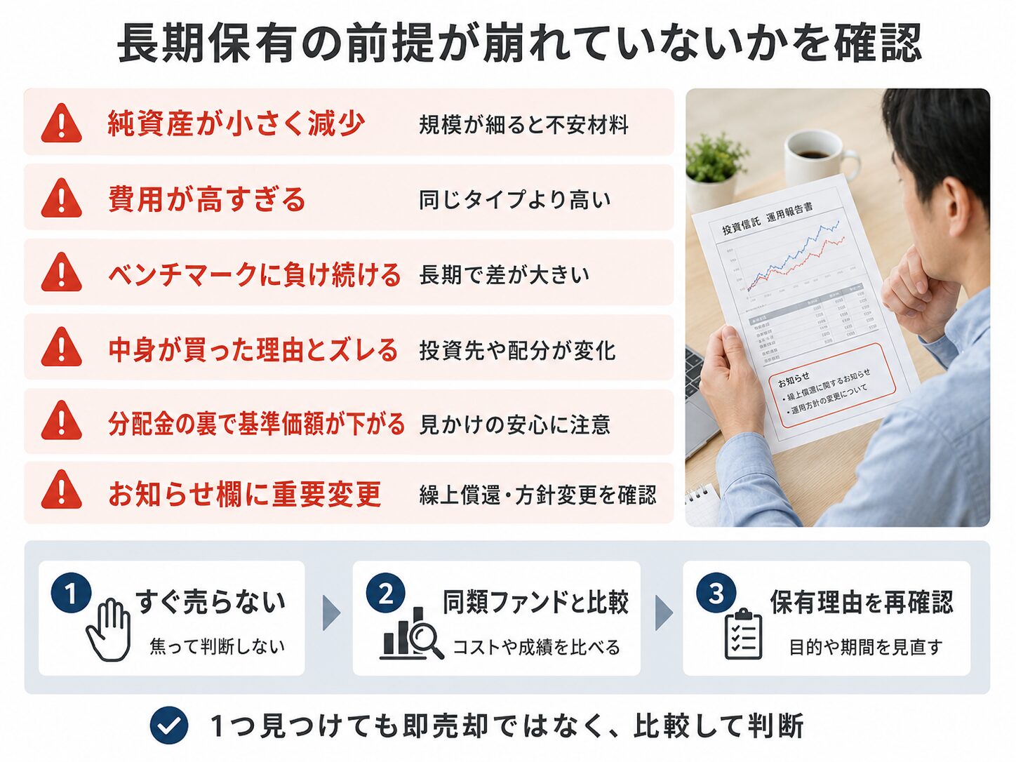 運用報告書で見つけたい危険サイン。純資産の減少、費用の高さ、ベンチマーク負け、投資対象のズレ、分配金、重要変更を確認する画像