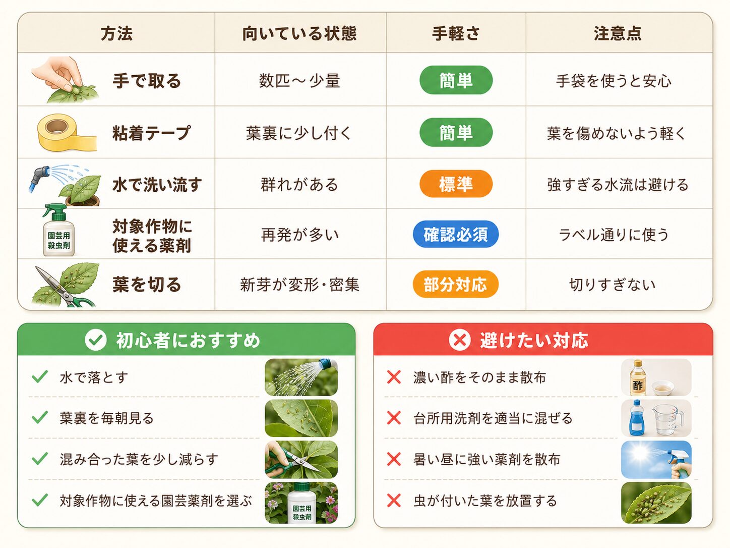 アブラムシ駆除方法の選び方を示した早見表